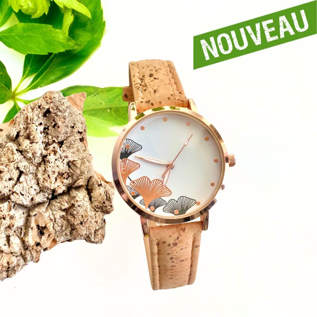 montre vegan en liege - montre liege portugal - montre cuir végétal - montre mixte - montre femme - montre homme - montre naturel pas cher - montre femme vegan en liege rose - montre blanche - montre japon - montre femme ginkgo