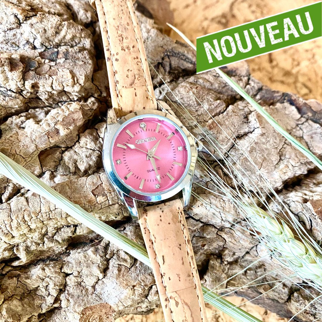 montre vegan en liege - montre liege portugal - montre cuir végétal - montre mixte - montre femme - montre homme - montre naturel pas cher - montre femme vegan en liege rose